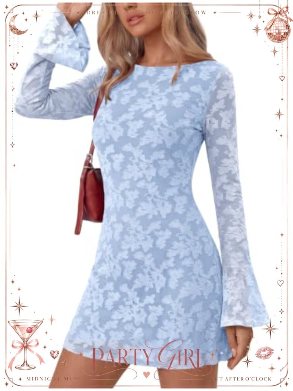 Womens Floral Mesh Long Sleeve Mini Dress Bodycon Bell Sleeve